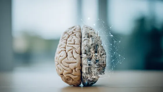 A stylized image of a human brain; one hemisphere is organic and the other is overlaid with patterns that evoke a circuitry board or neural network