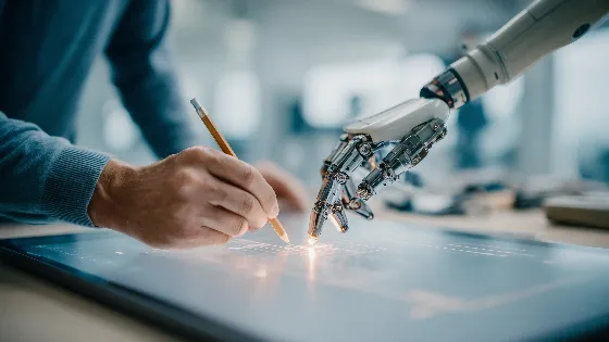 Close-up of a human hand and a robotic hand working together on a tablet