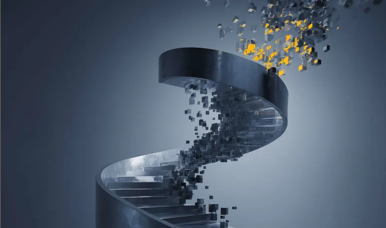 A spiral staircase appears to break apart into pixels floating away from it