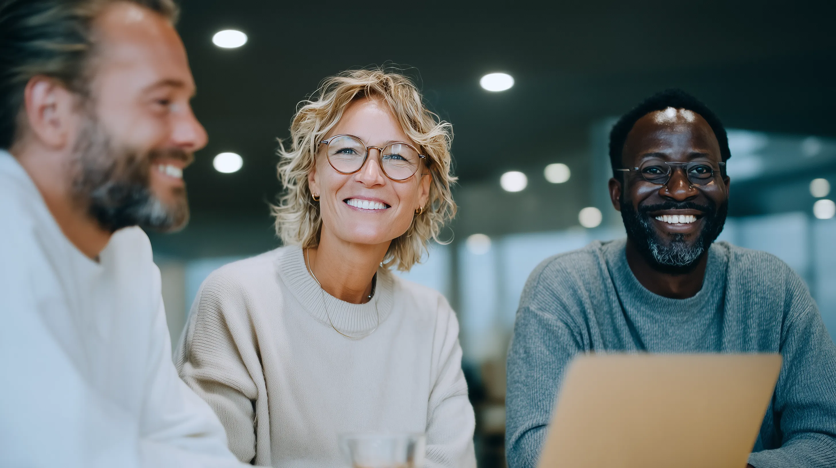 the middle-aged professionals collaborate at a table in an office. All are smiling.