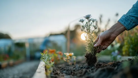 A flower is planted in a garden by hand in the early morning, with the sun rising