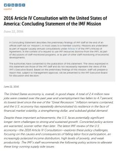 2016 Article IV Consultation with the United States of America