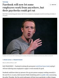 Facebook Will Now Let Some Employees Work from Anywhere, but Their Paychecks Could Get Cut